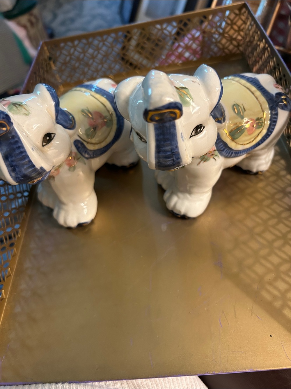 Ceramic Asian Oriental Elephant Pair in White and Blue Pink Roses Trunk up